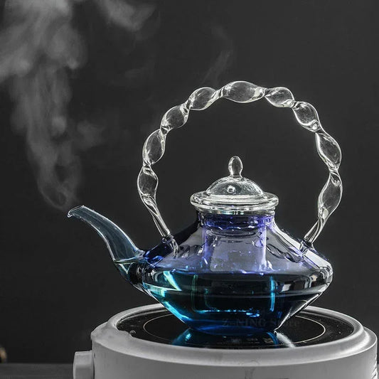 Blue Glass Teapot Teacup Tea Filter Mesh Glass Coffee Pot Heat-resistant Glass Pot Household Kitchen Kettle Exquisite Gift 2022 - Golden Bridge Store