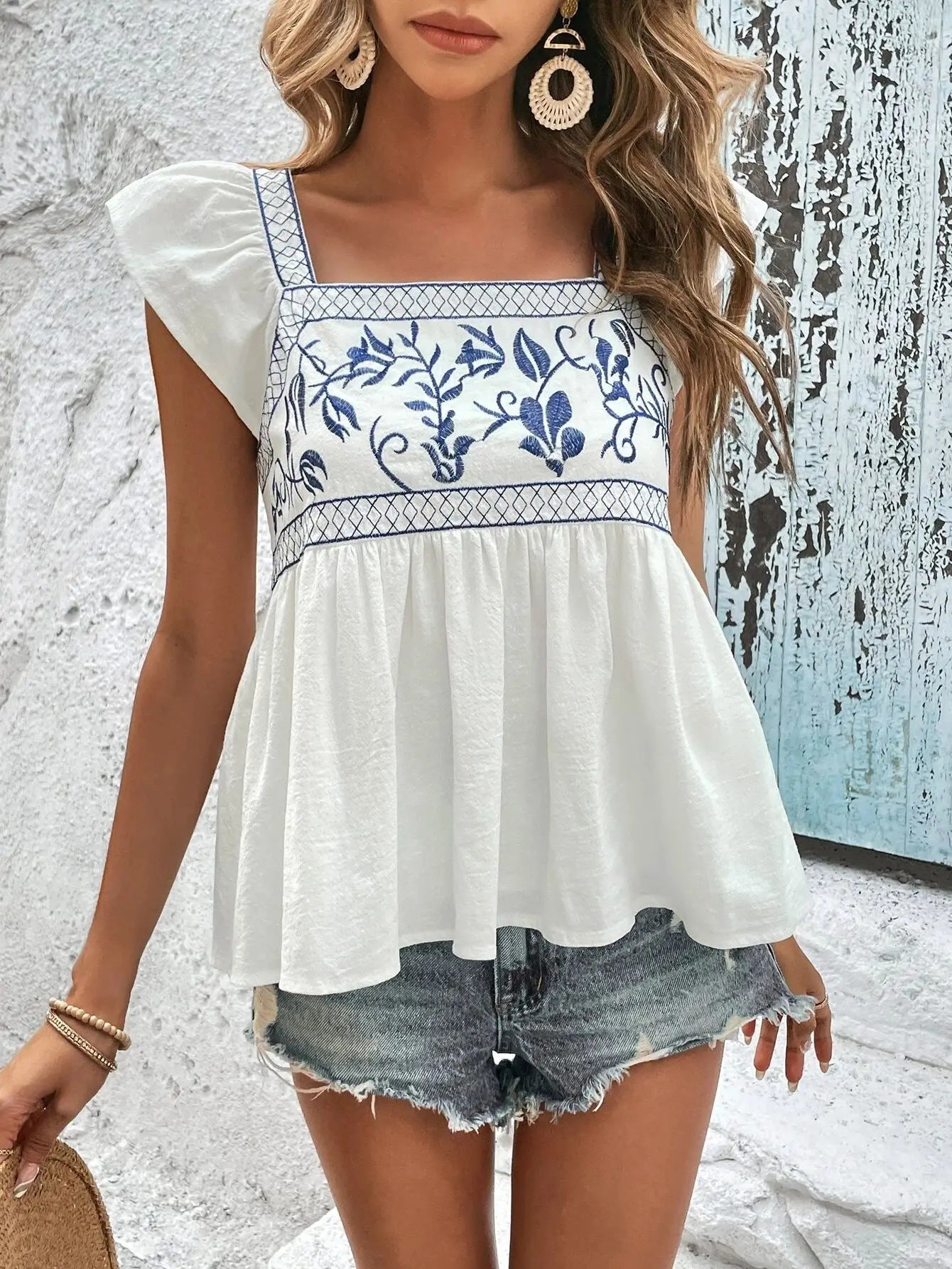White Floral Embroidered Square Neck Peplum Blouse Shirts For Women Vintage Flying sleeves Casual Summer Boho Beach Ladies Tops