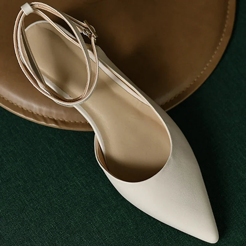 New 2025 Summer Trend Women Sandals Genuine Leather Slingbacks Closed Pointed Toe Apricot Beige Flat Shoes Ankle Strap Ladies