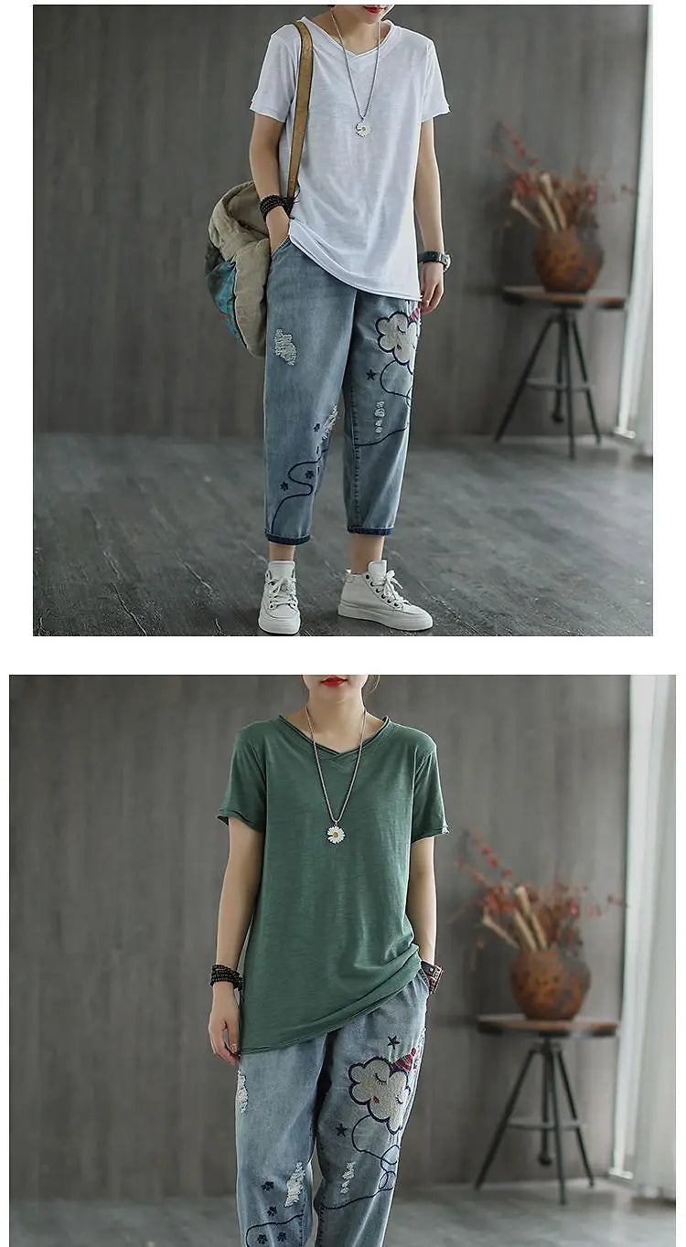 Embroidered Jeans Women Spring and Summer New Cropped Retro Casual Oversized Loose High Waisted Embroidered Slim and Versatile