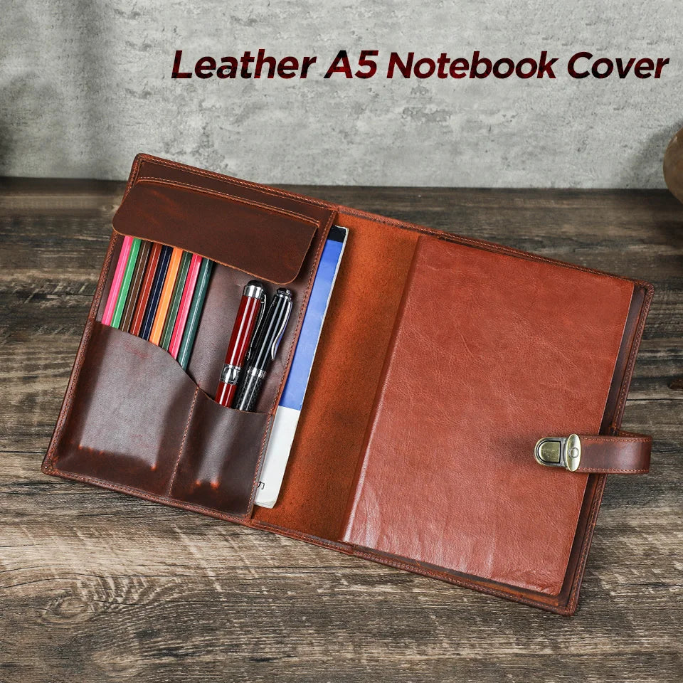 Luxury Retro Genuine Leather Notebook A5 Cover Case with Pen Holder Metal Buckle Journal Office Diary Travel Handmade Sketchbook