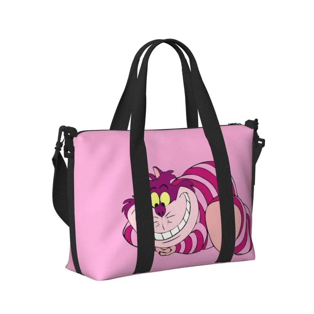 Geantă de plajă personalizată cu pisica Cheshire pentru femei, cu compartiment mare pentru sală și plajă, We're All Mad Here Cat