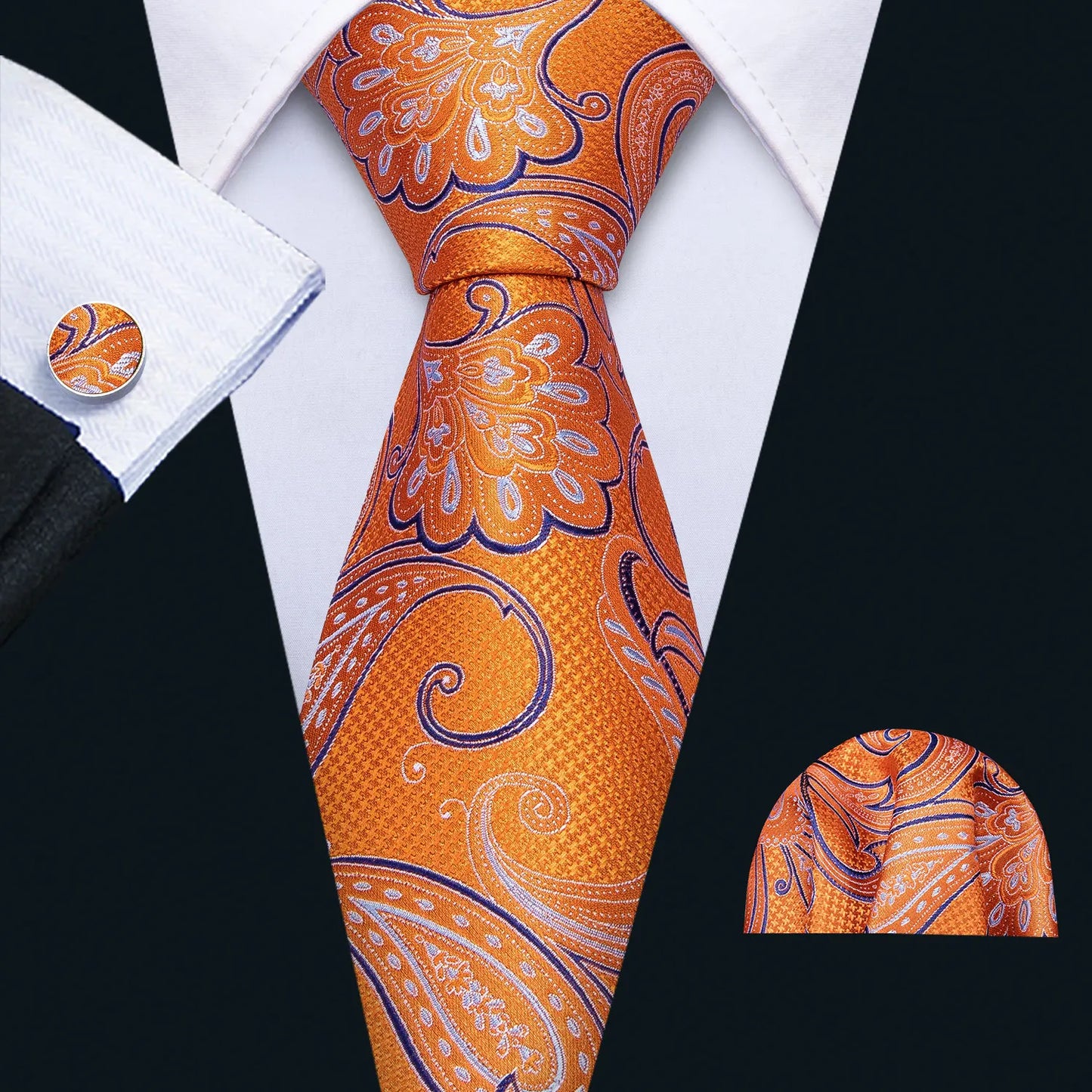 Fashion Silk Men Tie Set Gold Yellow Orange Solid Paisley Striped Plaid Floral Necktie Pocket Square Cufflinks Wedding Business