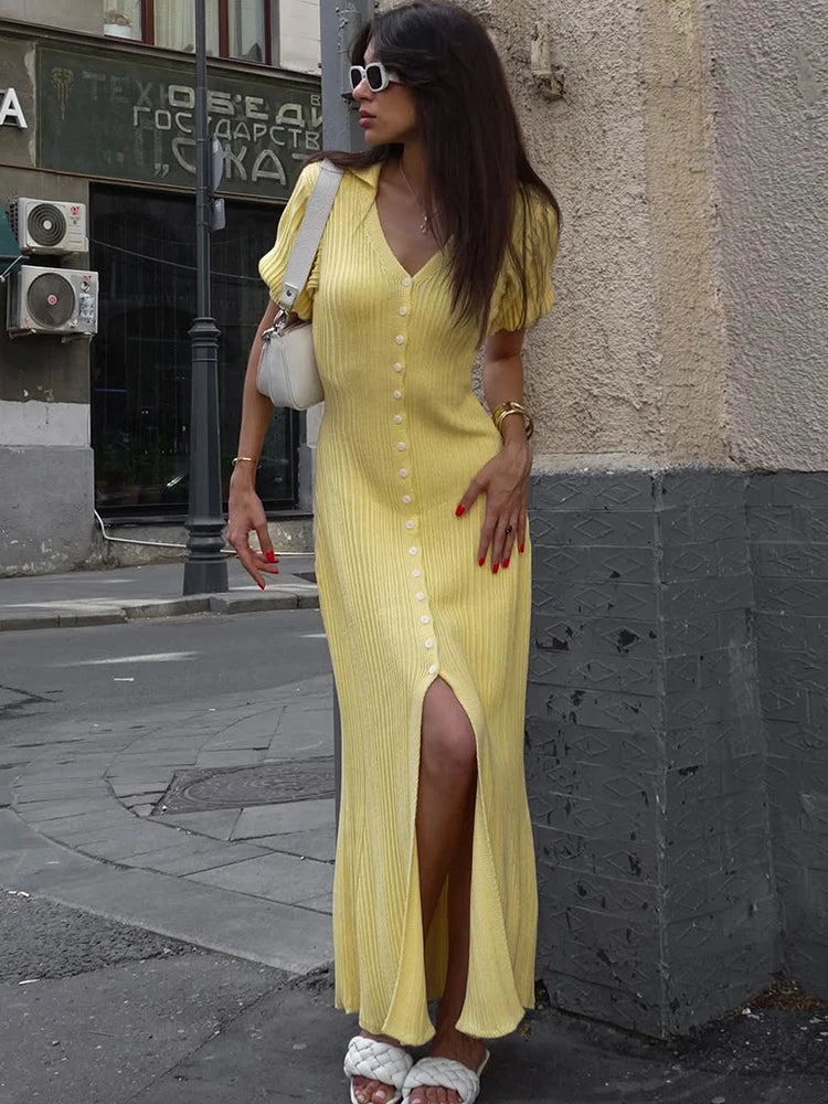 Rochie lungă tricotată Tornova cu mâneci bufante - Mărime universală, Material poliester spandex, Lungime gleznă