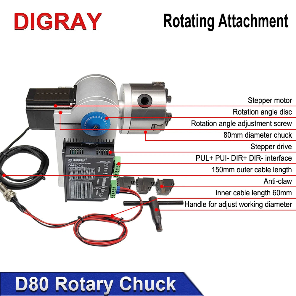 DIGRAY Rotary Befestigung RA-D80A Rotary Gerät mit Drei Chuck +DM5042 Treiber für UV CO2 & Faser Laser Markierung Maschine