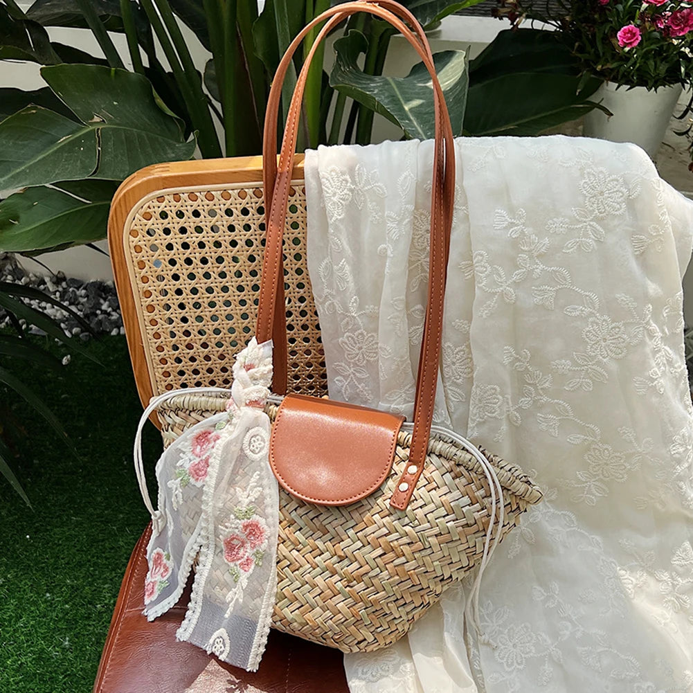 Geantă de plajă de vară pentru femei, țesătură de paie, mare capacitate, cu panglică, elegantă, pentru petrecere, vacanță