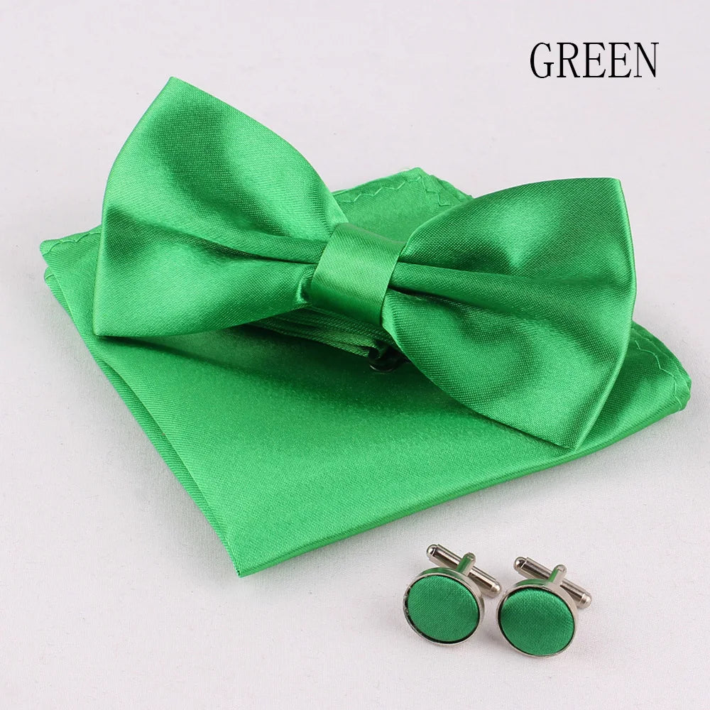 Solid Colors Polyester Adjustable Men's Accessory Set Elegant Pre-Tied Bow Tie Matching Pocket Square & Cufflinks for Wedding
