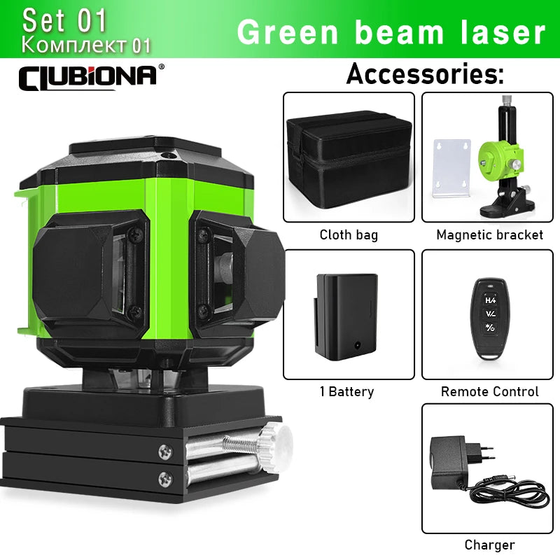 CLUBIONA 16/12 lines Self-leveling Remote Control Outdoor Mode - Receiver Auto 3x360 Green beam Line Laser Level
