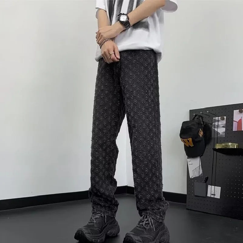 Herren Jeans 2025 - Jacquard All Over High Street Straight Lift Pattern Loose Wide Leg