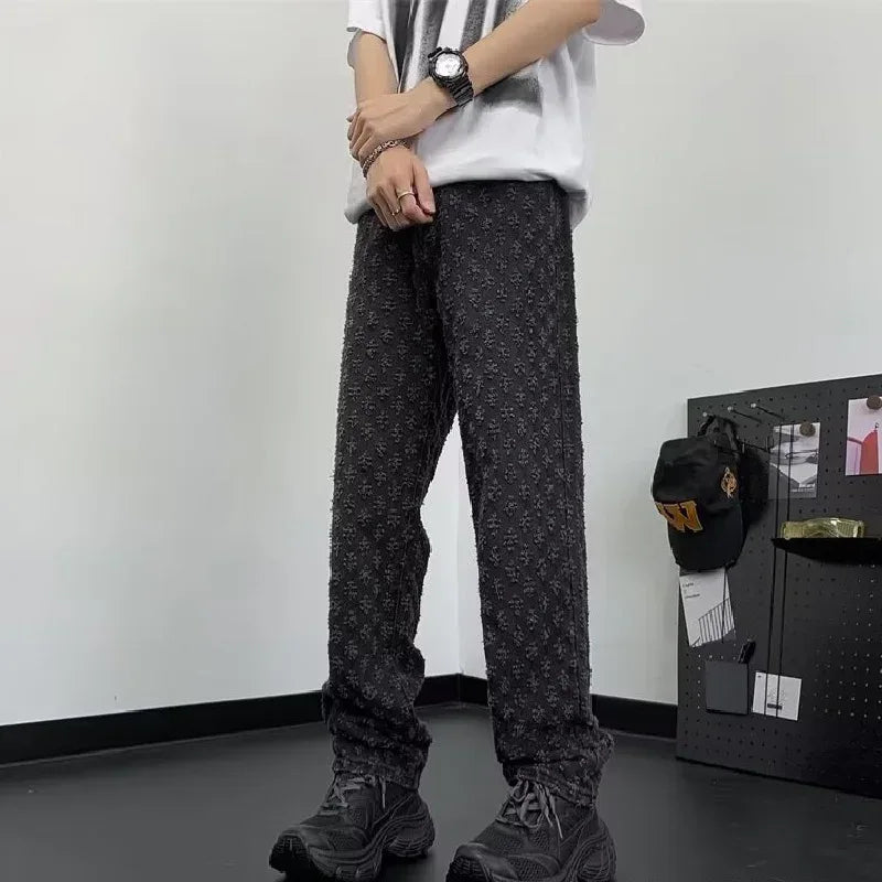 Herren Jeans 2025 - Jacquard All Over High Street Straight Lift Pattern Loose Wide Leg - Golden Bridge Store