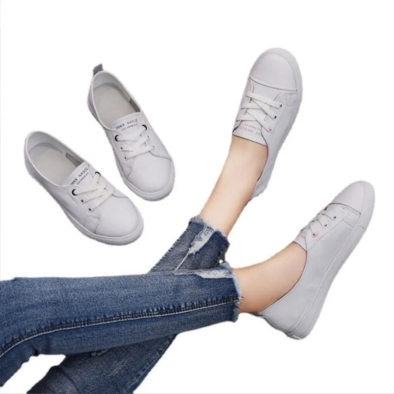 Women's Genuine Leather Sneakers Women Casual Fashionable Sports Shoes Vulcanized Woman Summer Flat Shoe Ladies White Lacing 42