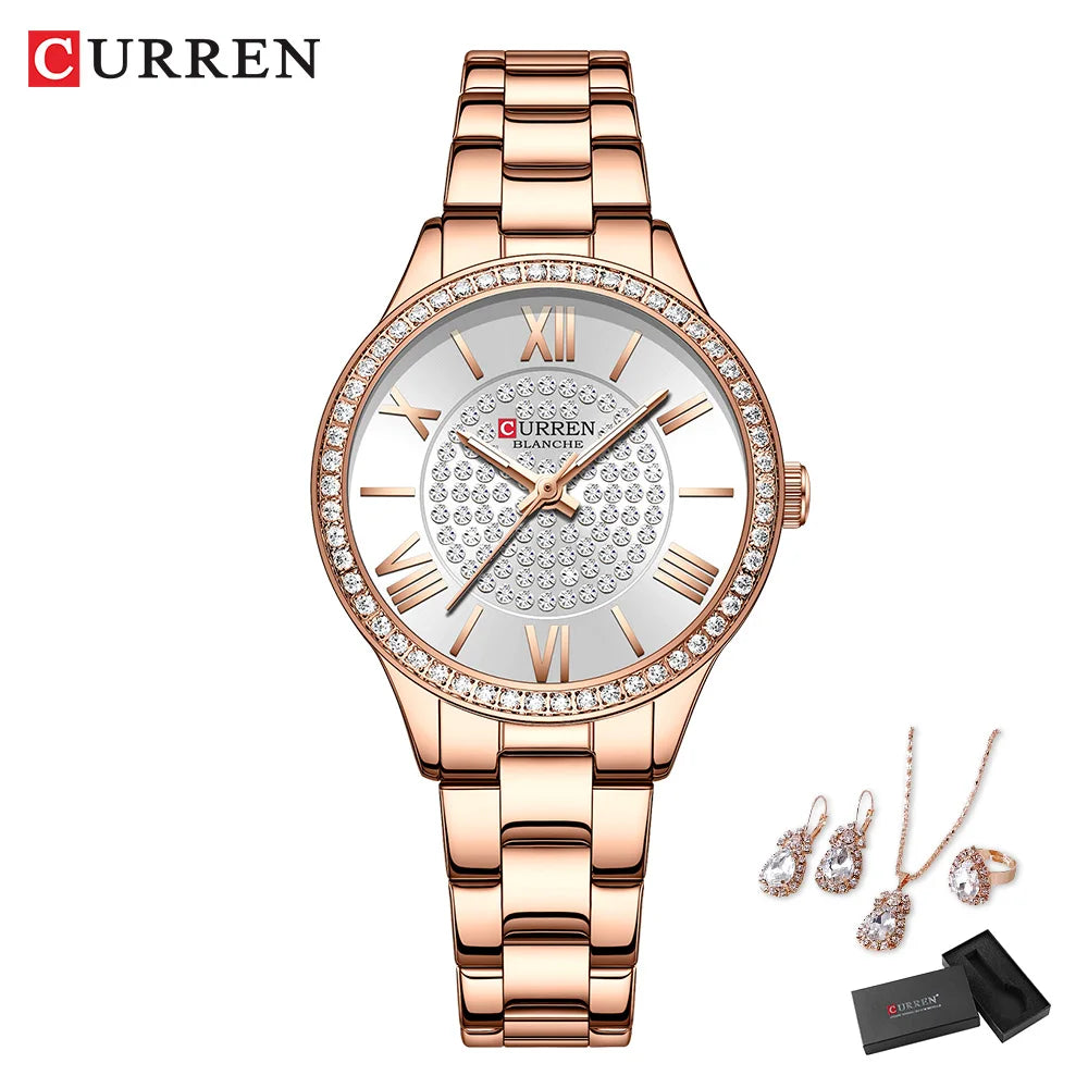 CURREN Luxus Uhr Damen Ring Halskette Ohrringe - Strass Mode Armbanduhr Weiblich Casual Damen Uhren Armband 5-teiliges Set