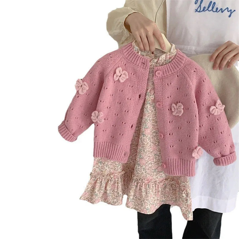 Girls Floral Set Infant Baby 2Pcs Autumn Outfit with Knit Cardigan Bow Sweater And Princess Dress Children Kids Sweet Style