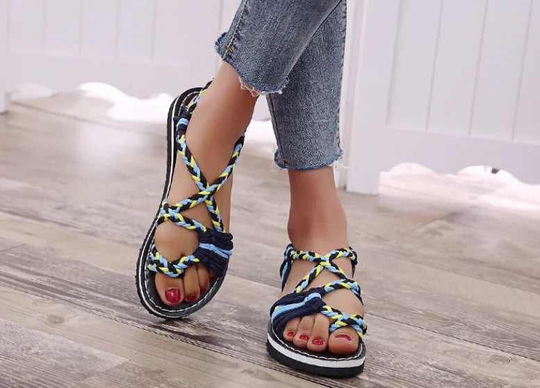 Women Sandals Summer Closed Toe Flat Romen Sandals Women Mixed Colors Rope Knot Sandals Women  Casual Beach Sandals Plus Size