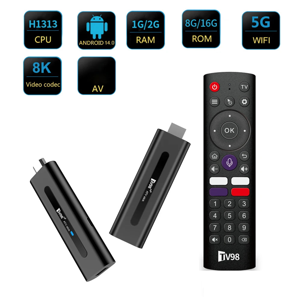 TV98 ATV H313 Mini TV Stick 8K 2.4G 5G WiFi Quad Core BT5.0 Android TV Stick 14.0 Set Top Box for Network Media Player