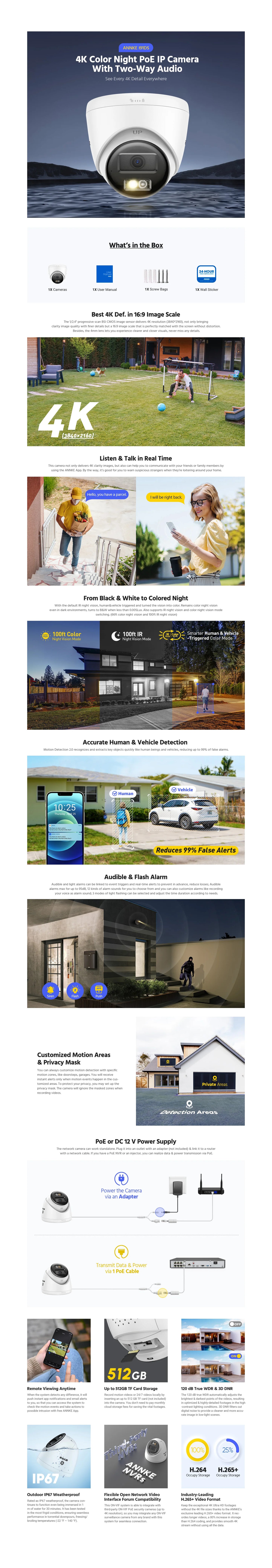 Annke 8MP HD IP Security Camera Poe 4K Dual Light Audio Fixed Camera Human Vehicle Detection 256G SD Storage ONVIF IP67