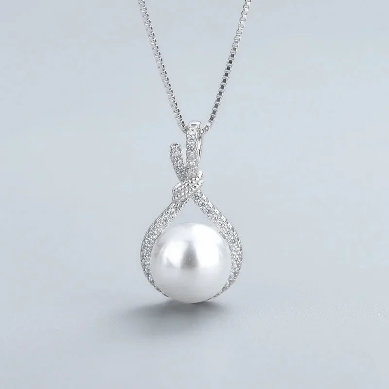 Luxury 925 Silver Jewelry Necklace Pendant Round White Pearl Zircon Gemstone Accessories for Women Wedding Engagement Wholesale