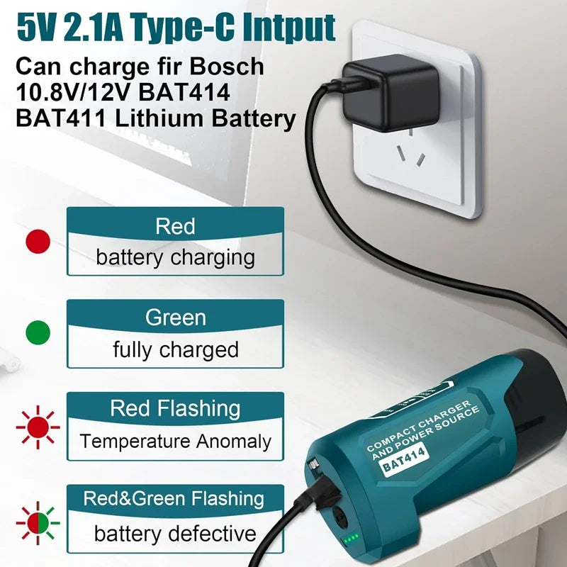 NEU USB Power Adapter Ladegerät Für Bosch 10.8V/12V Li-ion Batterie USB Gerät Handy Stromversorgung Mit USB & Type C DC Port