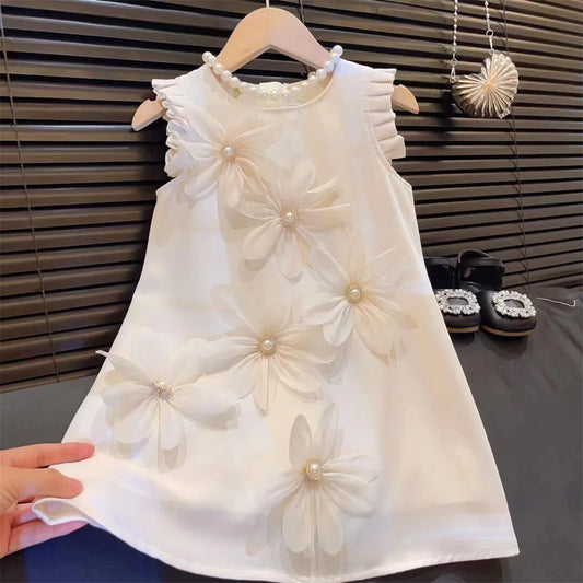 Kids Dresses for Girls 3D White Flower Princess Dress Girls' Pink Clothes Summer New Casual Vest Dress Flower Girl Dresses