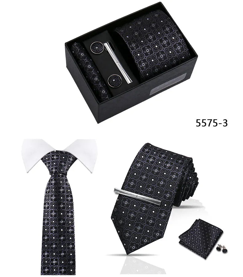 Elegant Men's Suit Necktie Gift Box Set Floral Tie Handchief Cufflinks Tie Clip 4-Piece Business Wedding Party Suit Accessories