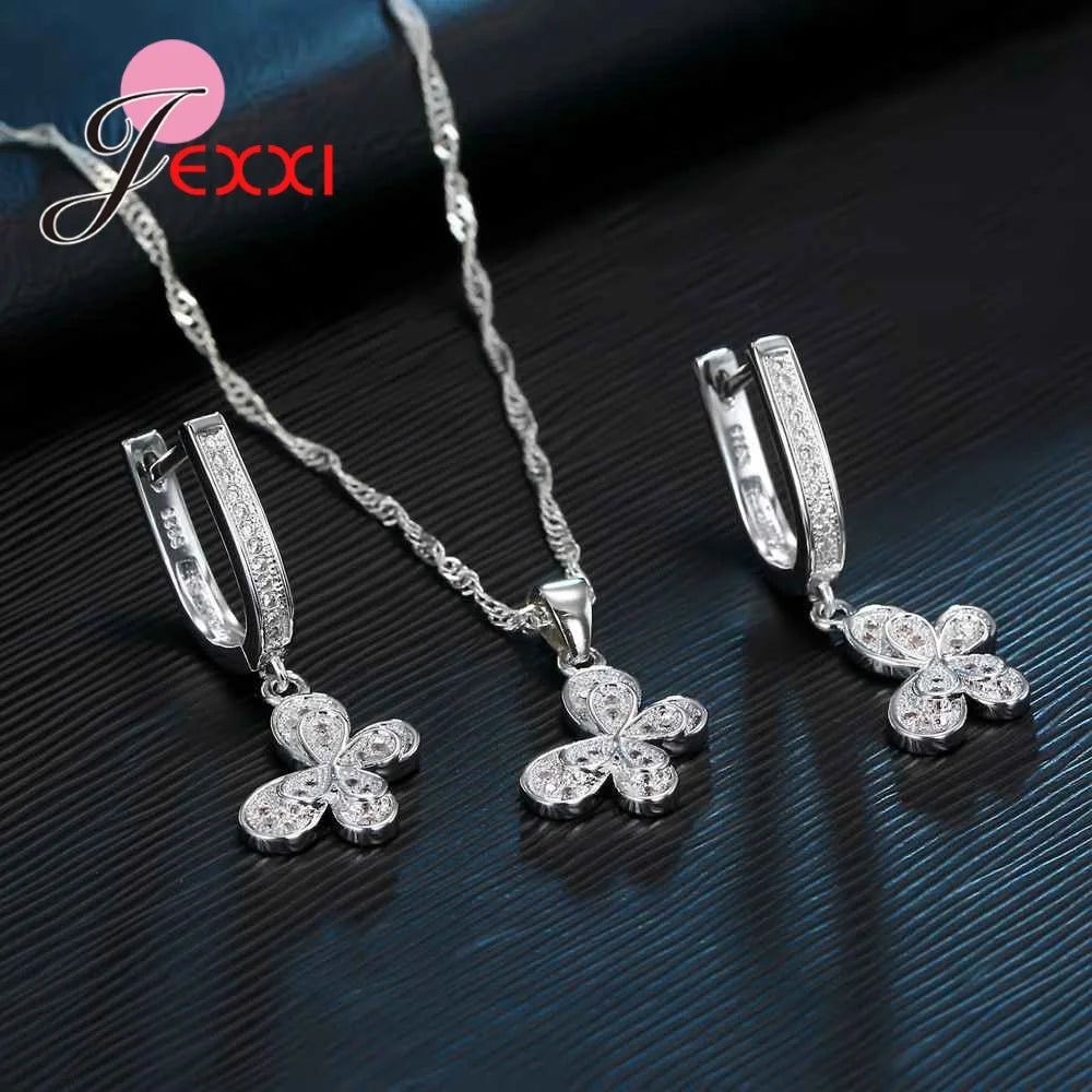 Full of White Zircons Cute Double Butterfly Jewelry Set For Women Party 925 Sterling Silver Necklaces With Earring Fashion