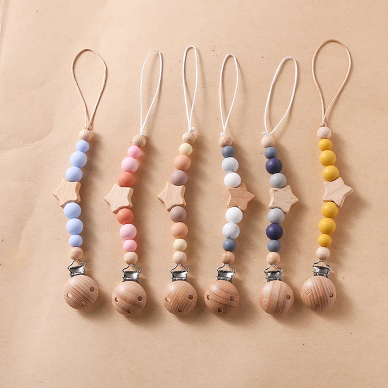 Lanț pentru suzeta bebelușilor, cu stele, personalizabile, cu mărgele, cleme din lemn pentru suzetă, fără BPA, lucrate manual, lanț pentru sugari, lanț pentru alăptarea sugarilor