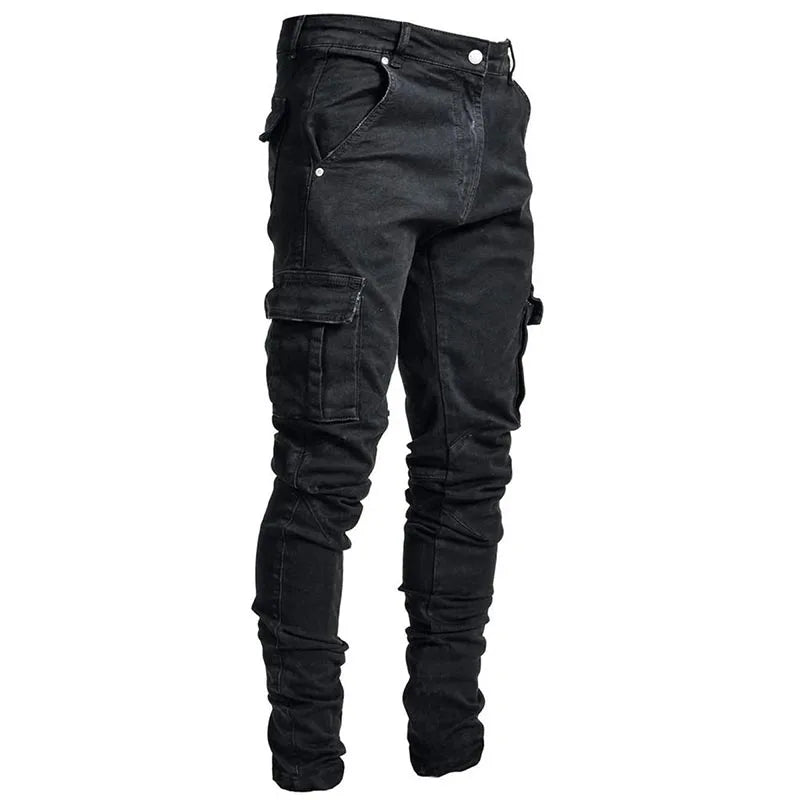 Jeans Men Black Cargo Pants Multi Pockets Denim Pantalones Blue Slim Fit Overol Hombre Fashion Casual Streetwear Trousers 3XL