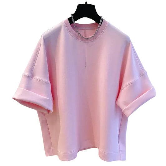 Women T-shirt 2025 Summer New Solid Color Short-sleeved T-shirt Female Loose Casual Round Neck T Shirt - Golden Bridge Store