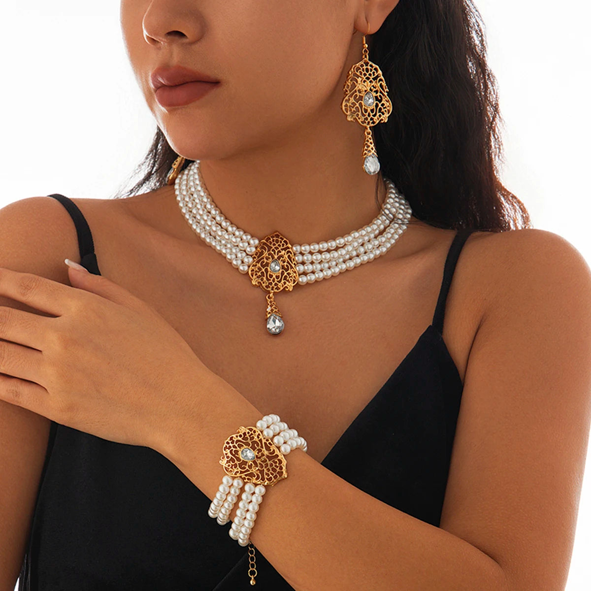 KunJoe Luxus Mehrschichtig Imitation Perlen Halskette Armband Ohrringe Frauen Wassertropfen Grün Strass Choker Hochzeit Schmuck Set
