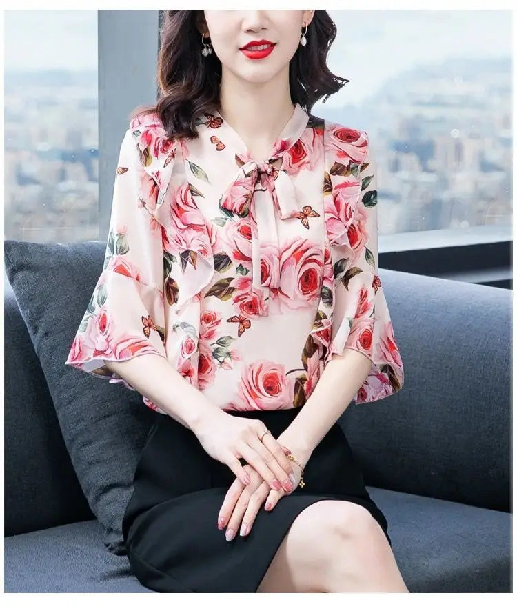 Elegant Fashion Floral Printed Bow Drawstring Chiffon Shirt Summer 2023 V-Neck Three Quarter Sleeve Slim Blouse Women's Clothing