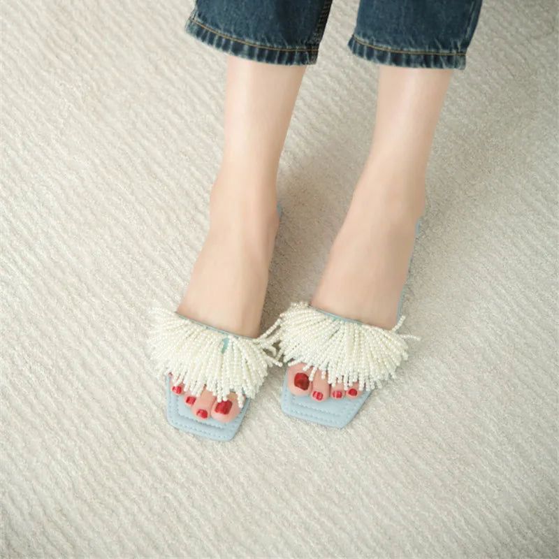 Pearl Beads Women Slippers Blue Flat Shoes Female Summer Outside Slides Ladies Casual Beach Slipper Handmade Gladiator Sandals