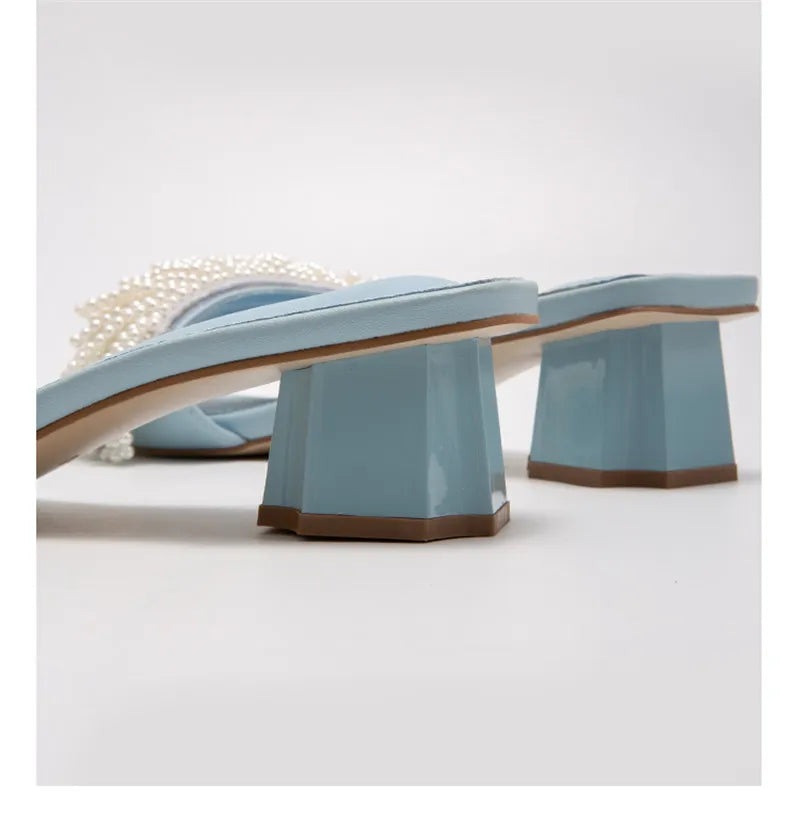 Pearl Beads Women Slippers Blue Flat Shoes Female Summer Outside Slides Ladies Casual Beach Slipper Handmade Gladiator Sandals