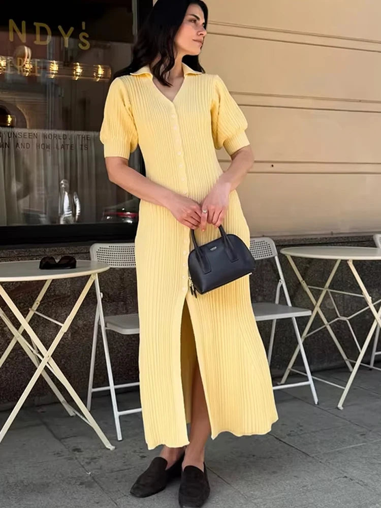 Rochie lungă tricotată Tornova cu mâneci bufante - Mărime universală, Material poliester spandex, Lungime gleznă