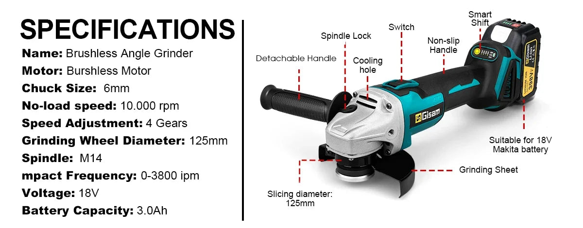 Elektrische Werkzeuge-Set: Brushless Impact Wrench, Drill, Angle Grinder, Electric Hammer for Makita 18v Battery