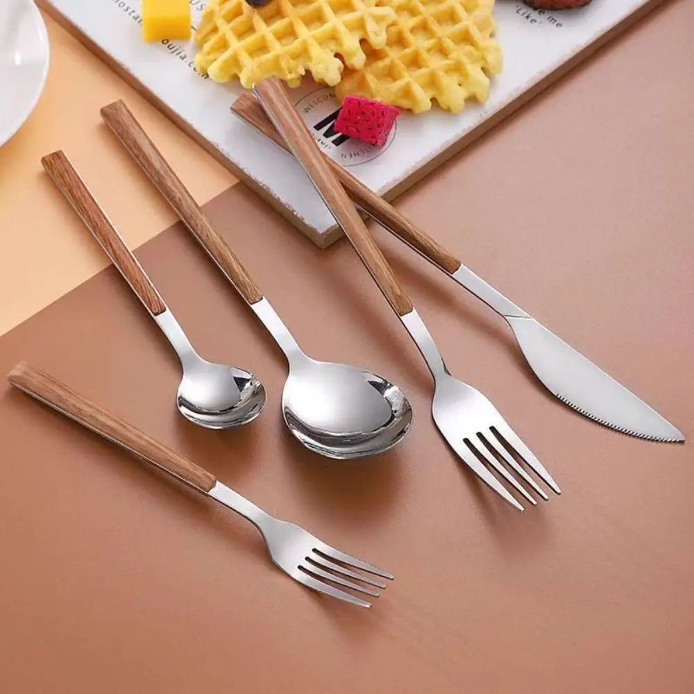 Creative Stainless Steel Spoon Fork Knife Portable Wood Grain Cutlery Set Western Tableware Thickened Fruit Fork