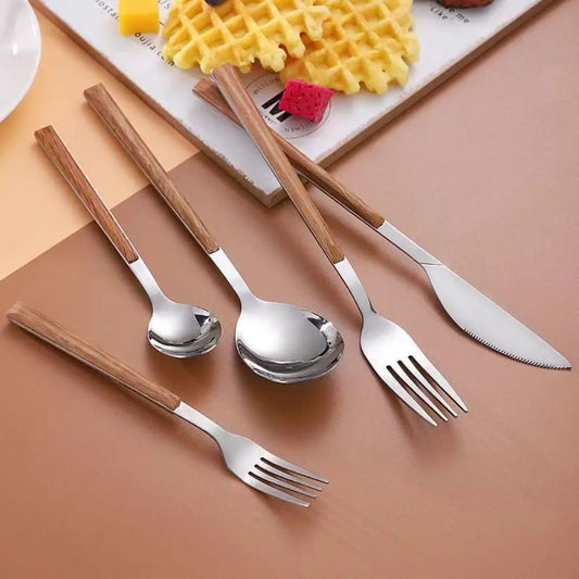 Creative Stainless Steel Spoon Fork Knife Portable Wood Grain Cutlery Set Western Tableware Thickened Fruit Fork