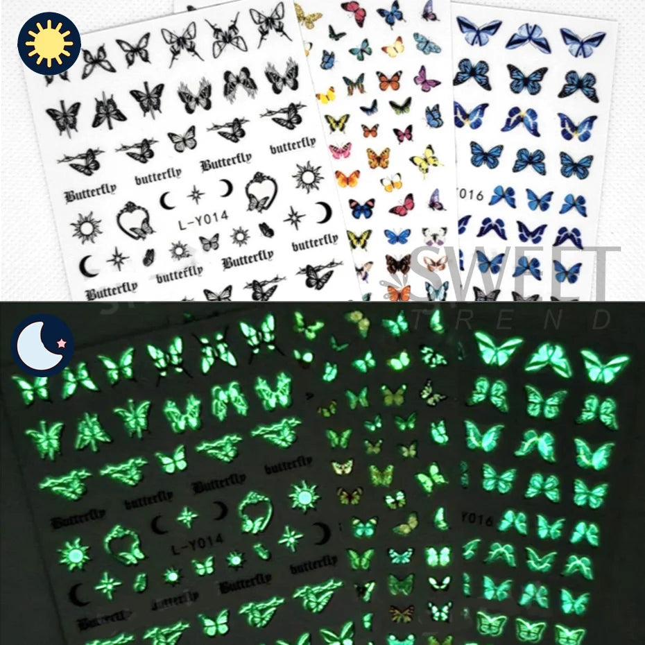 Autocolante pentru unghii 2025: 3 buc Fluture luminos-Glow-Dark - Colecția de artă pentru manichiură