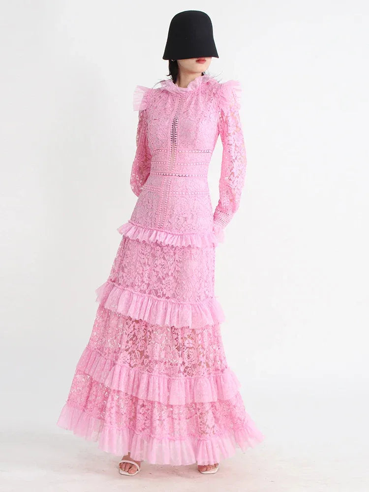 TWOTWINSTYLE Elegant Dresses For Women Stand Collar Long Sleeve High Waist Embroidery Slim Dress Female Fashion Clothing 2023 - Golden Bridge Store