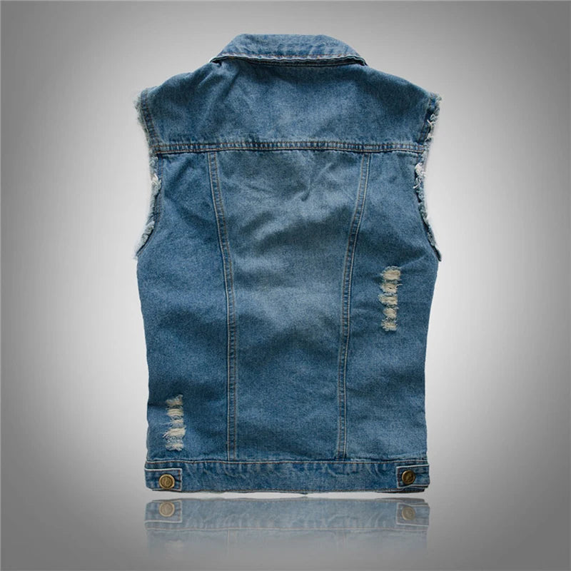 Men's Denim Vest Sleeveless Jackets Cotton Retro Streetwear Ripped Blue Jean Vests Fashion Hip Hop Waistcoat Men Clothing