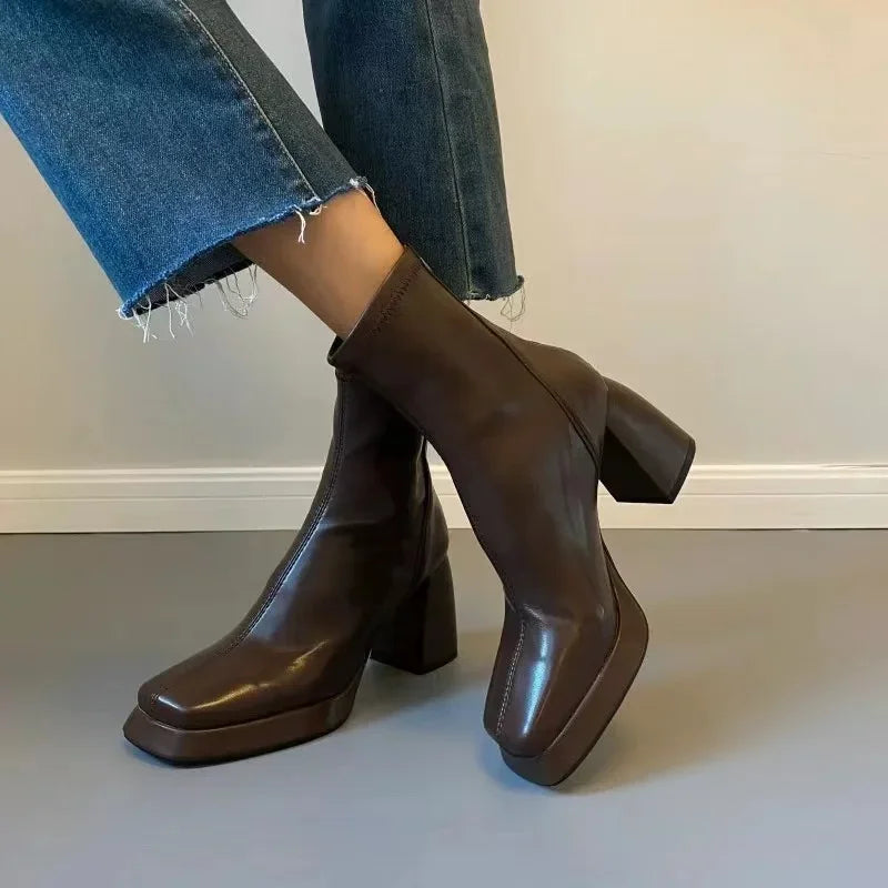 Ohmmayby Vintage Square Toe Damen Stiefeletten Mit Reißverschluss Hinten - Größe EU 37-41, Absatzhöhe 5-8 cm, Knöchelhöhe