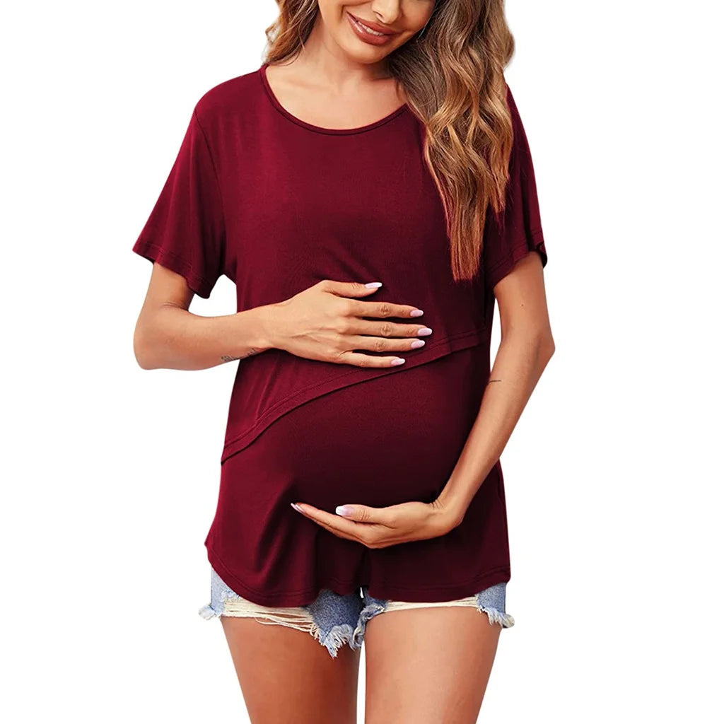 New Maternity Clothes Womens Short Sleeve Crew Neck Solid Color Asymmetrical Flap Nursed Tops Casual T Shirt For Breastfeeding