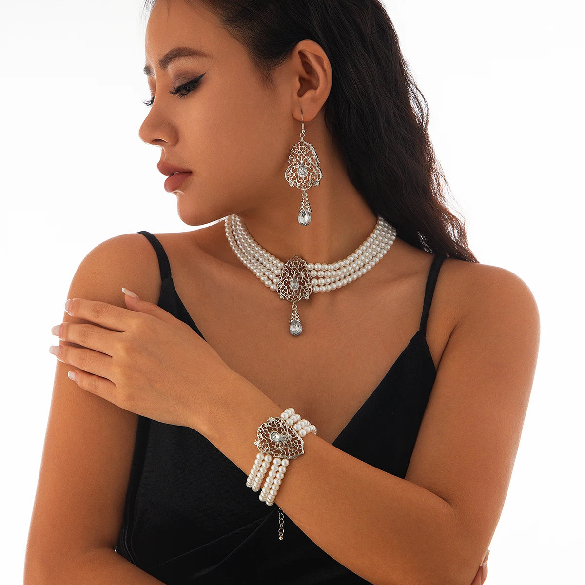 KunJoe Luxus Mehrschichtig Imitation Perlen Halskette Armband Ohrringe Frauen Wassertropfen Grün Strass Choker Hochzeit Schmuck Set