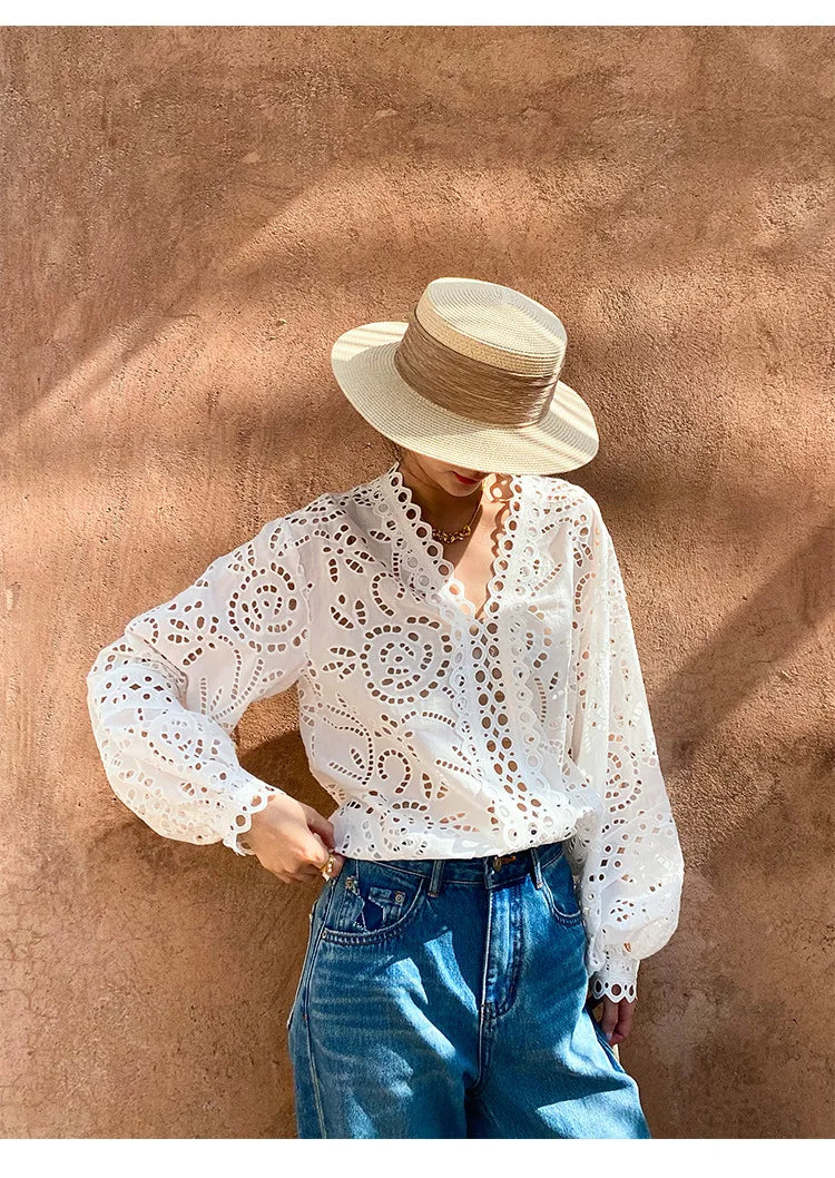 Floral Eyelet Embroidery White Blouse Women's Long Sleeve V-Neck Casual Cotton Shirt 2025 Spring/Summer New in Holiday Clothes
