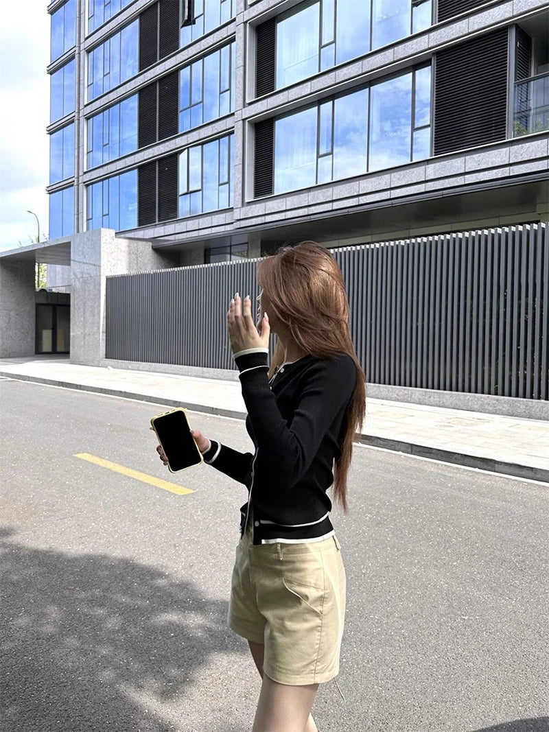 Cardigan tricotat cu model patchwork ZOKICN - mânecă lungă subțire, alb, mărimea M, greutate 120-220 g/m²