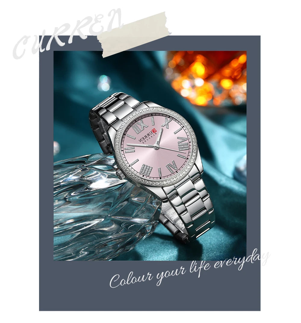 CURREN Luxus Uhr Damen Ring Halskette Ohrringe - Strass Mode Armbanduhr Weiblich Casual Damen Uhren Armband 5-teiliges Set