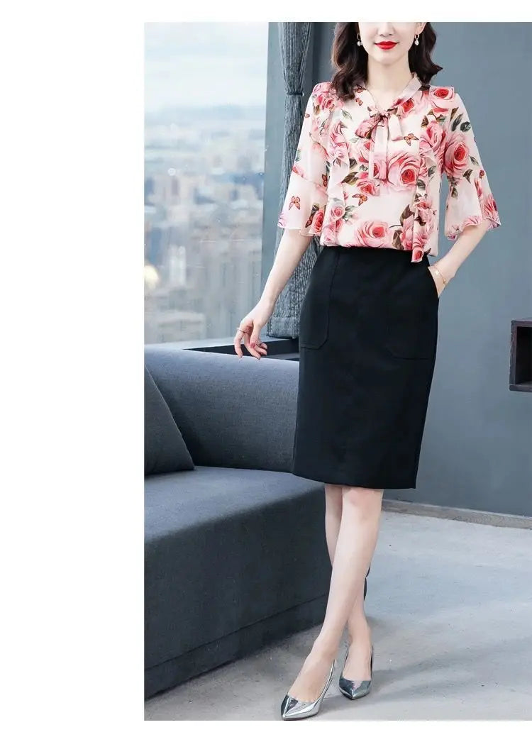 Elegant Fashion Floral Printed Bow Drawstring Chiffon Shirt Summer 2023 V-Neck Three Quarter Sleeve Slim Blouse Women's Clothing
