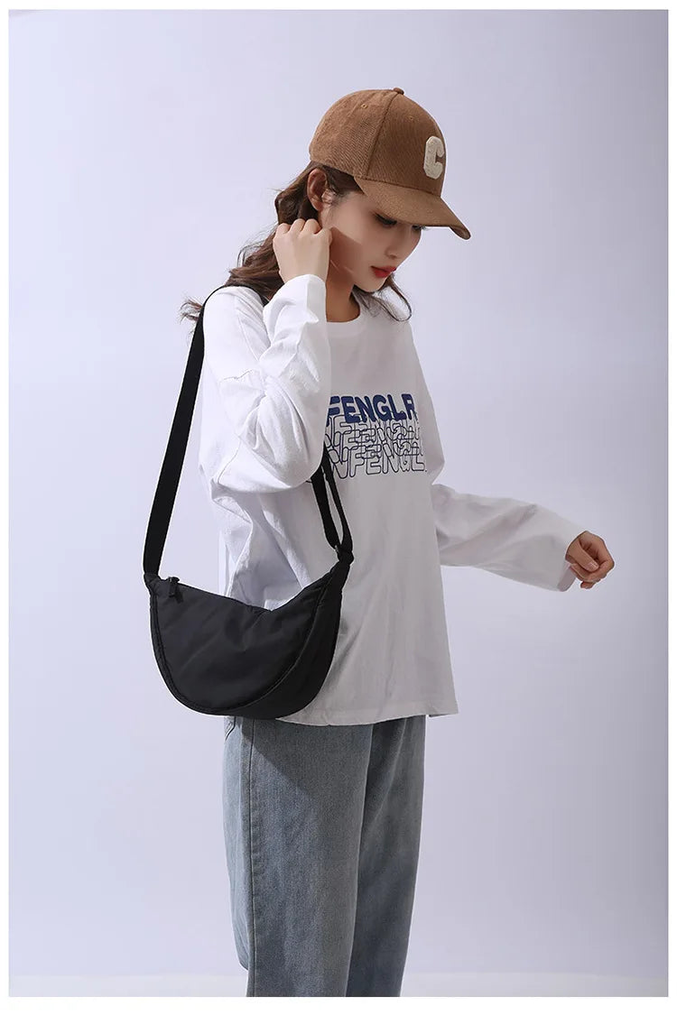 Solid Color Women's Portable Shoulder Bag Simple Female Nylon Cloth Padded Crossbody Bags Travel Purse Handbags Messenger Bag