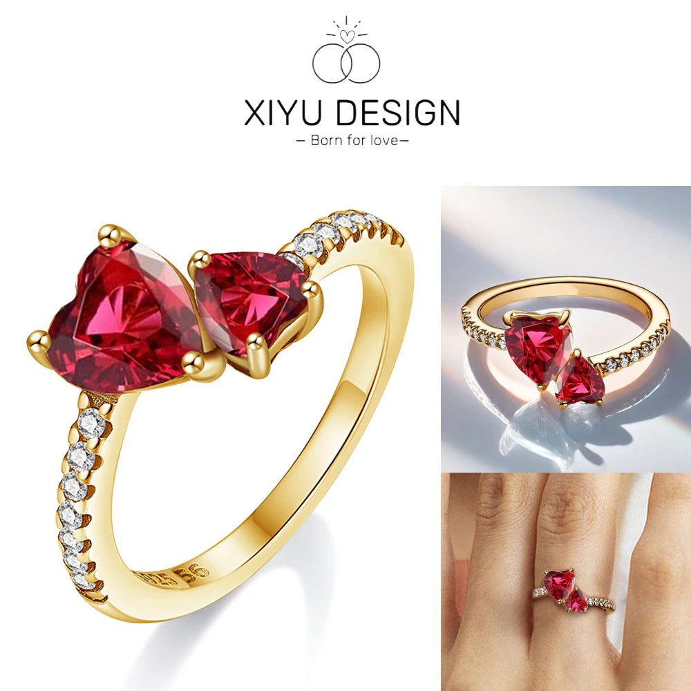 New 925 Silver Shining Red Double Love Ring Zircon Original S925 Finger wedding Ring DIY Women Fine Jewelry Gift