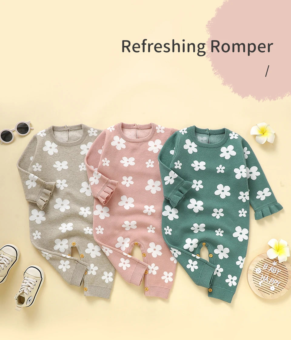 Cute Floral Print Infant Jumpsuit Long Sleeve Baby Girls Spring & Autumn Rompers Knitted 1-18 Months Newborn Bodysuit Sleepsuit