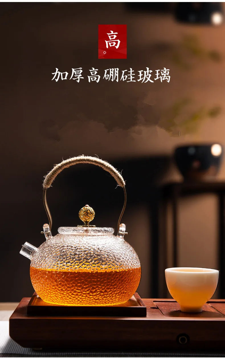 Japanese-style Hammer Pattern High Temperature Resistant Glass Tin Flower Copper Handle Beam Pot Teapot Glass Tea Set